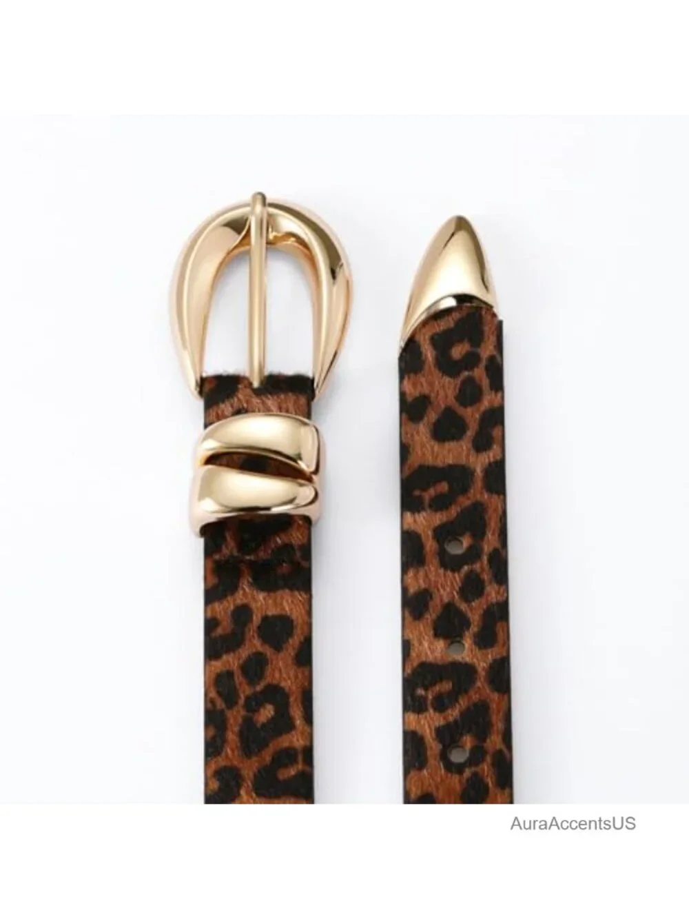 Faux Leather Belt with Gold Buckle for Women, Horse Hair Texture, Cinch Waist,